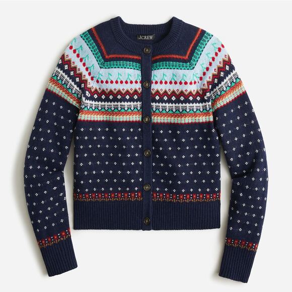 J. CREW Fair Isle Cardigan Sweater Cherry Print Navy Blue Sz XXS {QQ1} - Picture 2 of 7